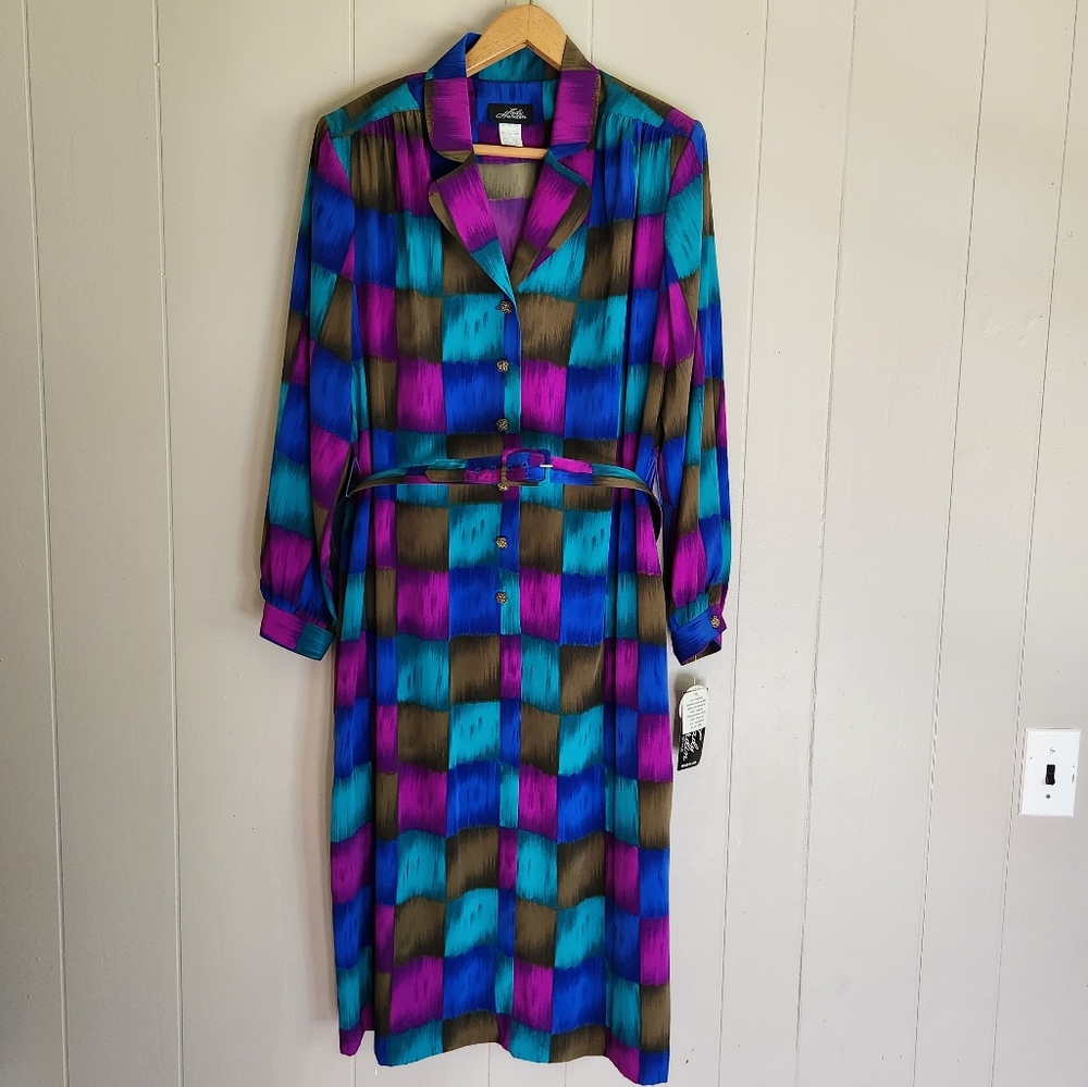 Vintage nwt Lady Hardin shirt dress abstract print 80s 90s modest Grandmacore 18